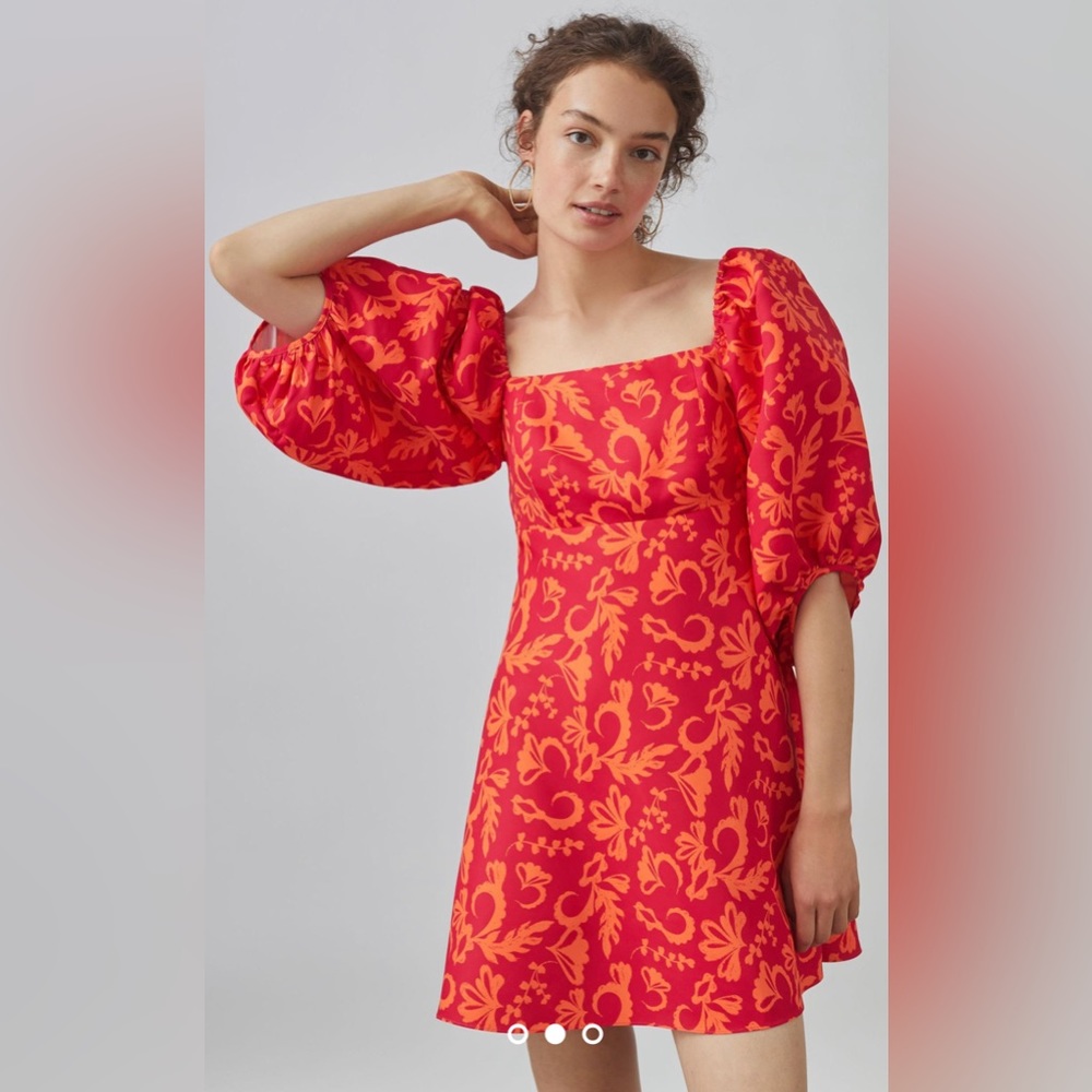 Anthropologie Red & Orange Puff-Sleeve Mini Dress